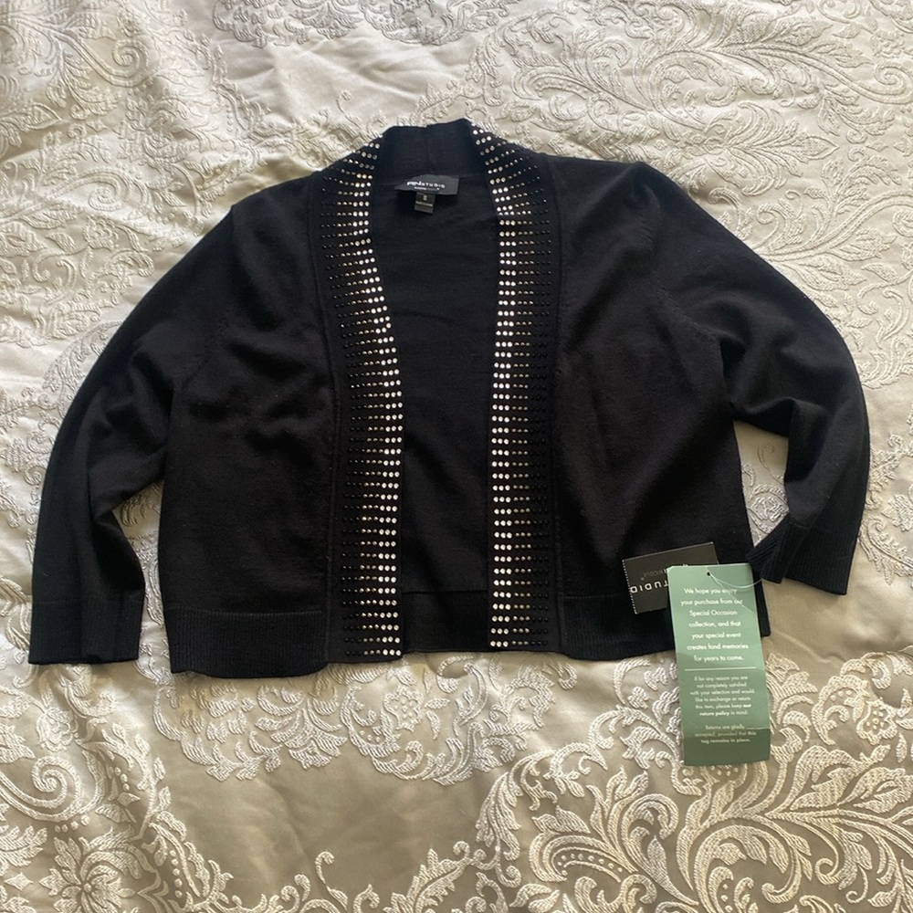 NWT RN Studio Black Studded Semi Cropped Cardigan Dress Sweater